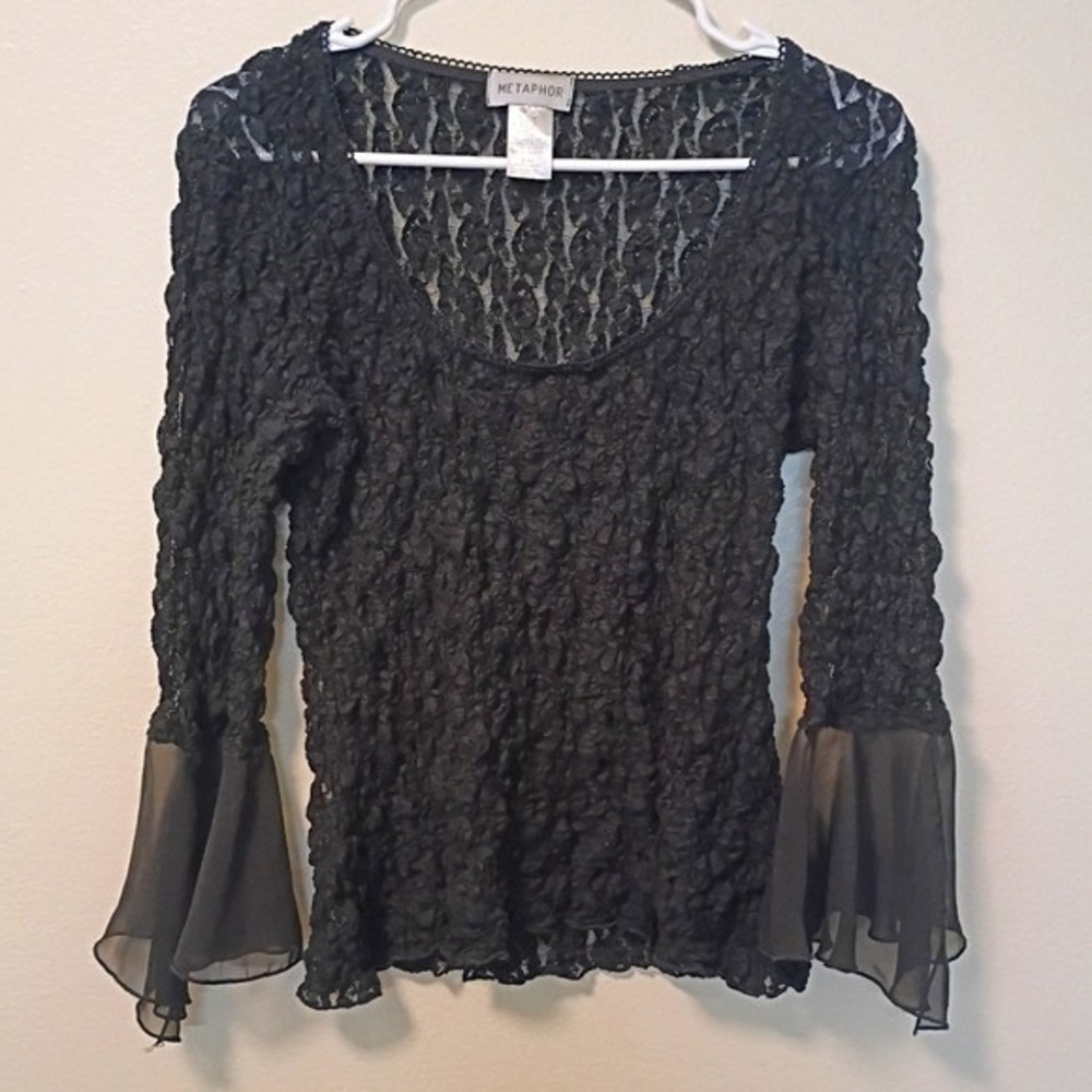 Metaphor Vintage Textured Scoop Neck Long Sheer Sleeves Flutter Wrist Size Med